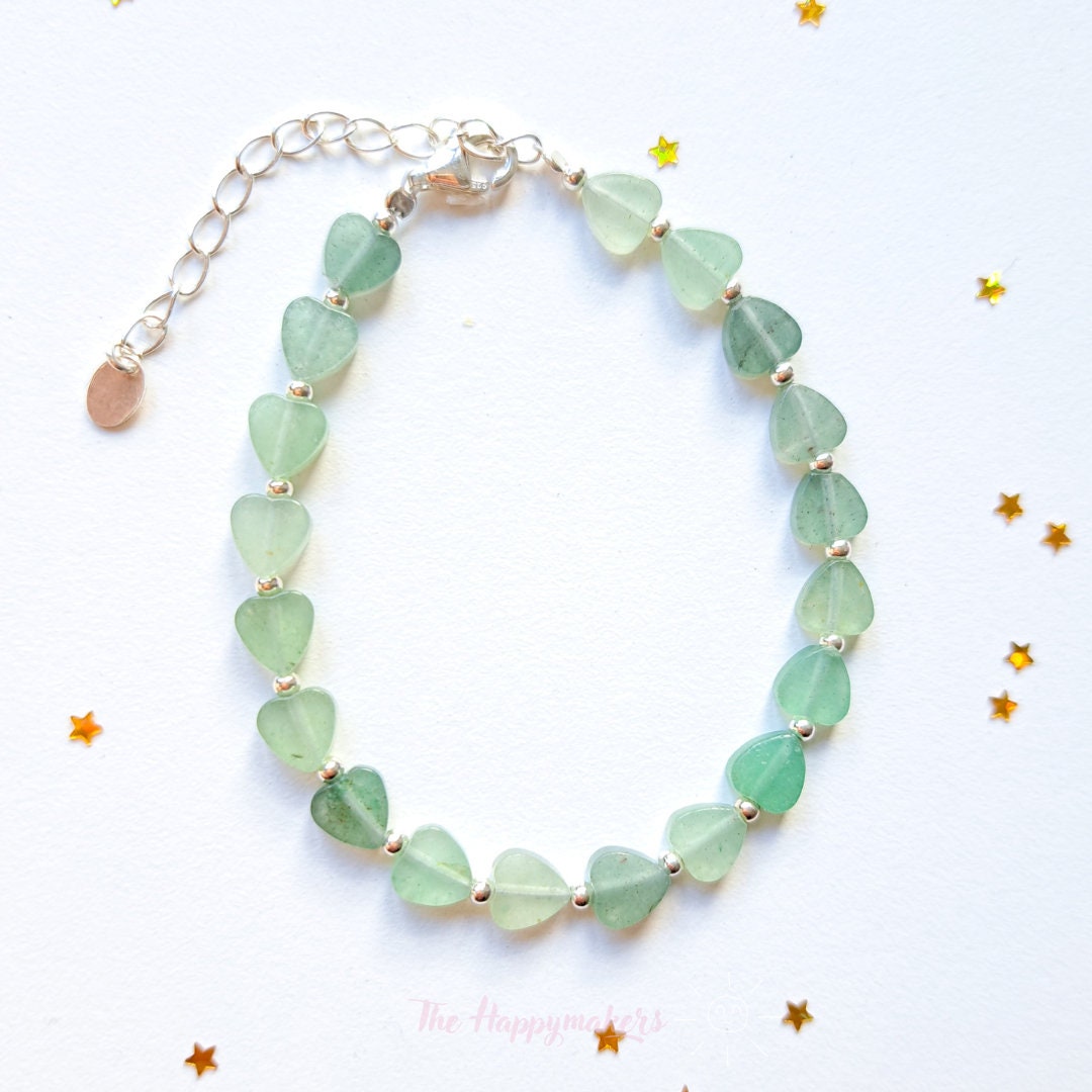 Kralen armband boho 925 sterling zilver, handgemaakt, 100% waterproof, aventurijn, hartjes, persoonlijke ontwikkeling