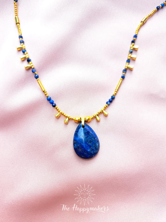 Kralen ketting boho met edelsteen, stainless steel, waterproof, handgemaakt, lapis lazuli