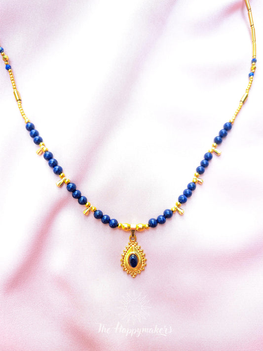 Kralen ketting boho met edelsteen, stainless steel, waterproof, handgemaakt, lapis lazuli, bedel