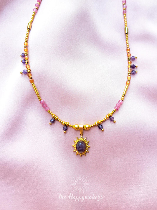 Kralen ketting boho met edelsteen, stainless steel, waterproof, handgemaakt, amethist, bedel