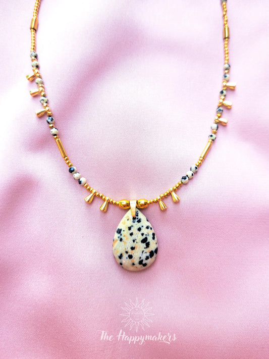 Kralen ketting boho met edelsteen, stainless steel, waterproof, handgemaakt, dalmatiër jaspis