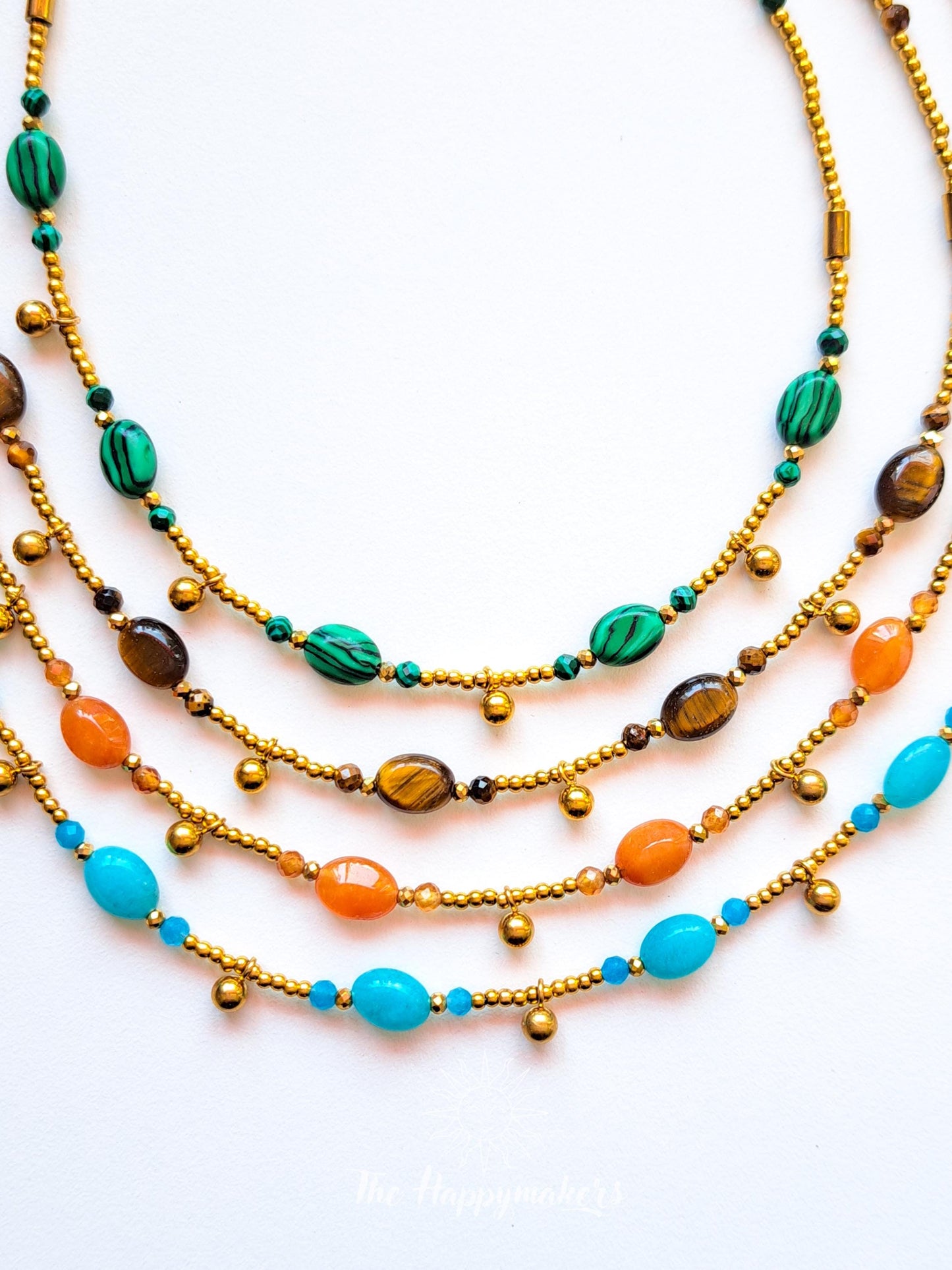 Ketting edelsteen, verschillende soorten edelsteen, handgemaakt, boho, stainless steel, 100% waterproof, goudkleurig