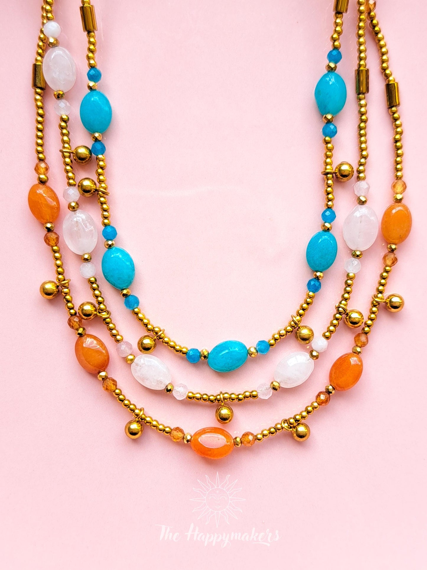 Ketting edelsteen, verschillende soorten edelsteen, handgemaakt, boho, stainless steel, 100% waterproof, goudkleurig
