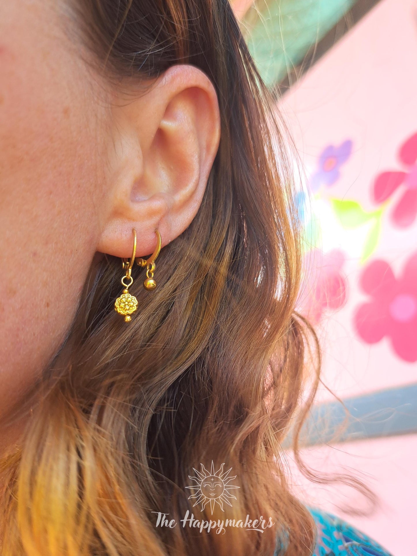 Oorbellen stainless steel, bedeloorbellen, 100% waterproof, boho, goud ''flower''