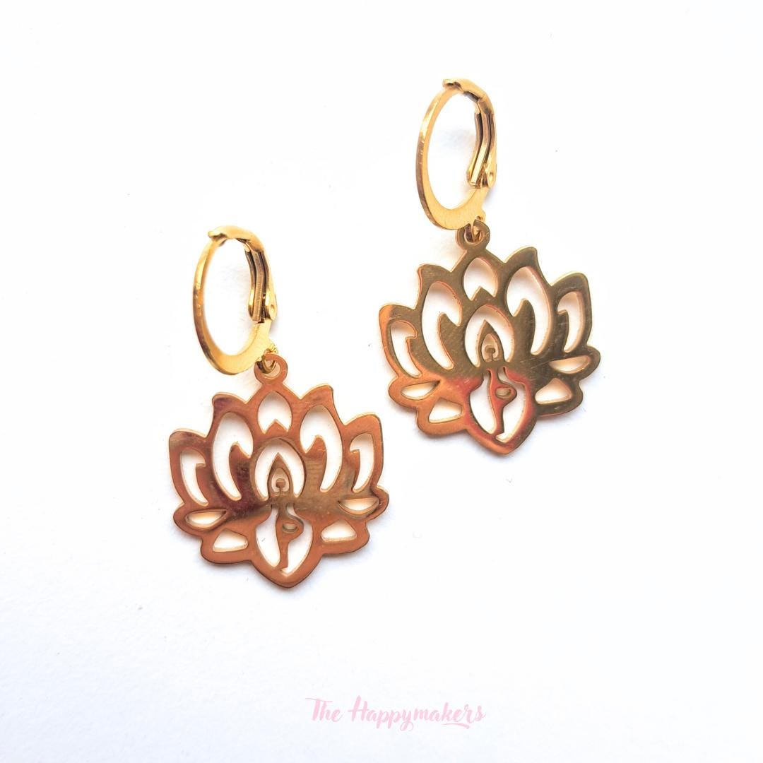 Oorbellen stainless steel, boho, bedeloorbellen, statement oorbellen, lotus, yoga, goud of zilver
