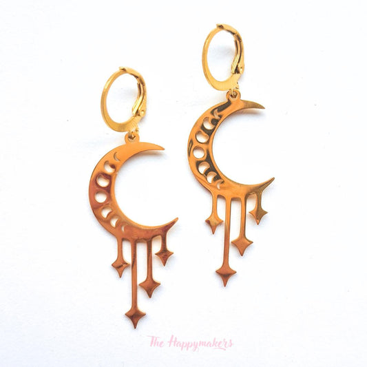 Oorbellen stainless steel, boho, bedeloorbellen, statement oorbellen, maan, goud of zilver