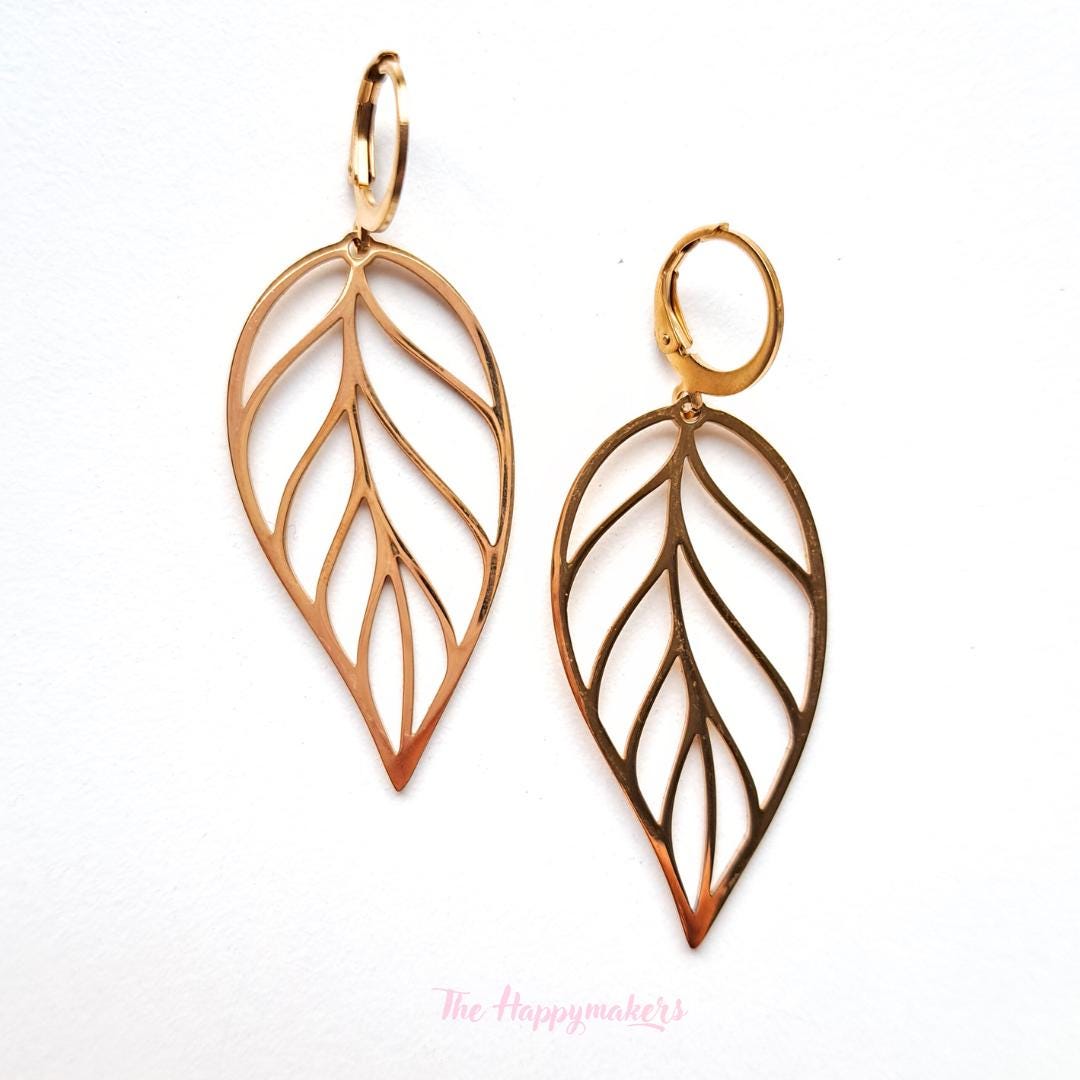 Oorbellen stainless steel, boho, bedeloorbellen, statement oorbellen, blad, goud of zilver