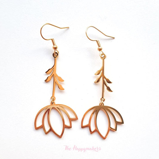 Oorbellen stainless steel, boho, bedeloorbellen, statement oorbellen, lotus flower, goud of zilver