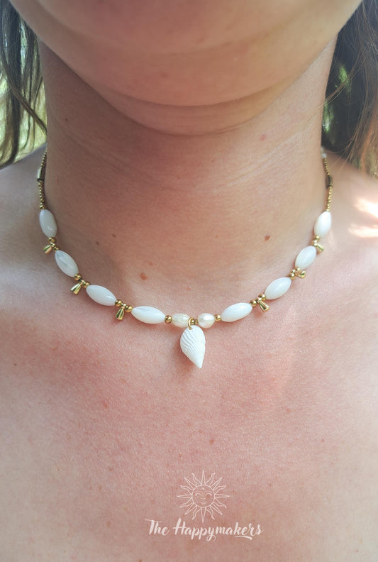 Kralen ketting beach, waterproof, boho, stainless steel, handgemaakt, schelpkralen