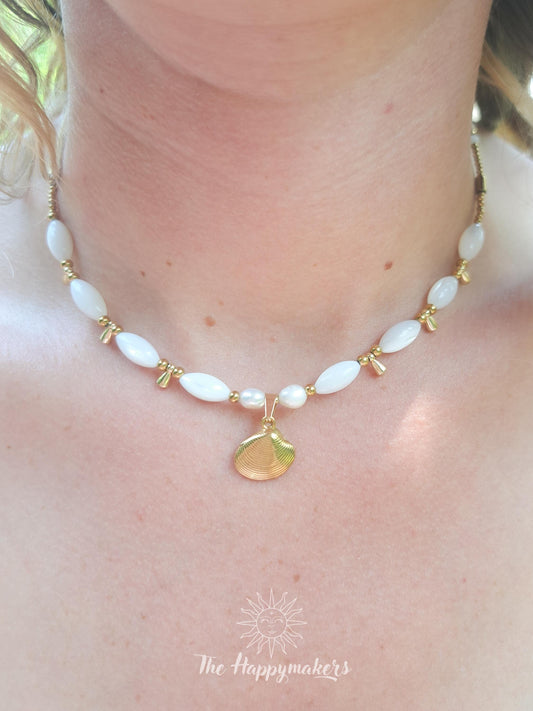 Kralen ketting beach, waterproof, boho, stainless steel, handgemaakt, schelpkralen