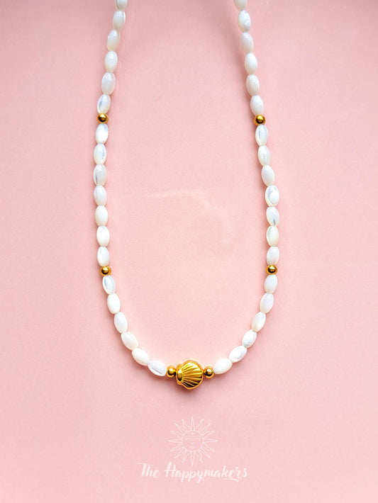 Kralen ketting beach, waterproof, boho, stainless steel, handgemaakt, schelpkralen, parels