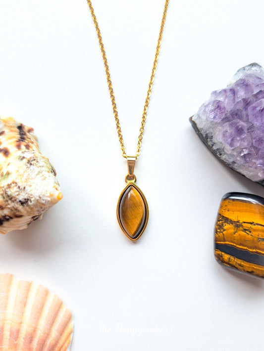 Edelsteen ketting bedel, waterproof, boho, stainless steel, handgemaakt, cadeau met betekenis, tijgeroog, zelfvertrouwen