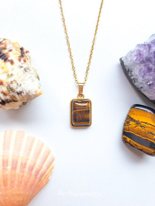 Edelsteen ketting bedel, waterproof, boho, stainless steel, handgemaakt, cadeau met betekenis, tijgeroog, zelfvertrouwen