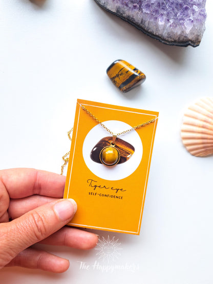 Edelsteen ketting bedel, waterproof, boho, stainless steel, handgemaakt, cadeau met betekenis, tijgeroog, zelfvertrouwen