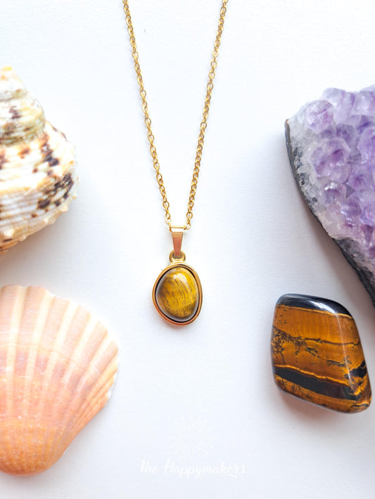 Edelsteen ketting bedel, waterproof, boho, stainless steel, handgemaakt, cadeau met betekenis, tijgeroog, zelfvertrouwen