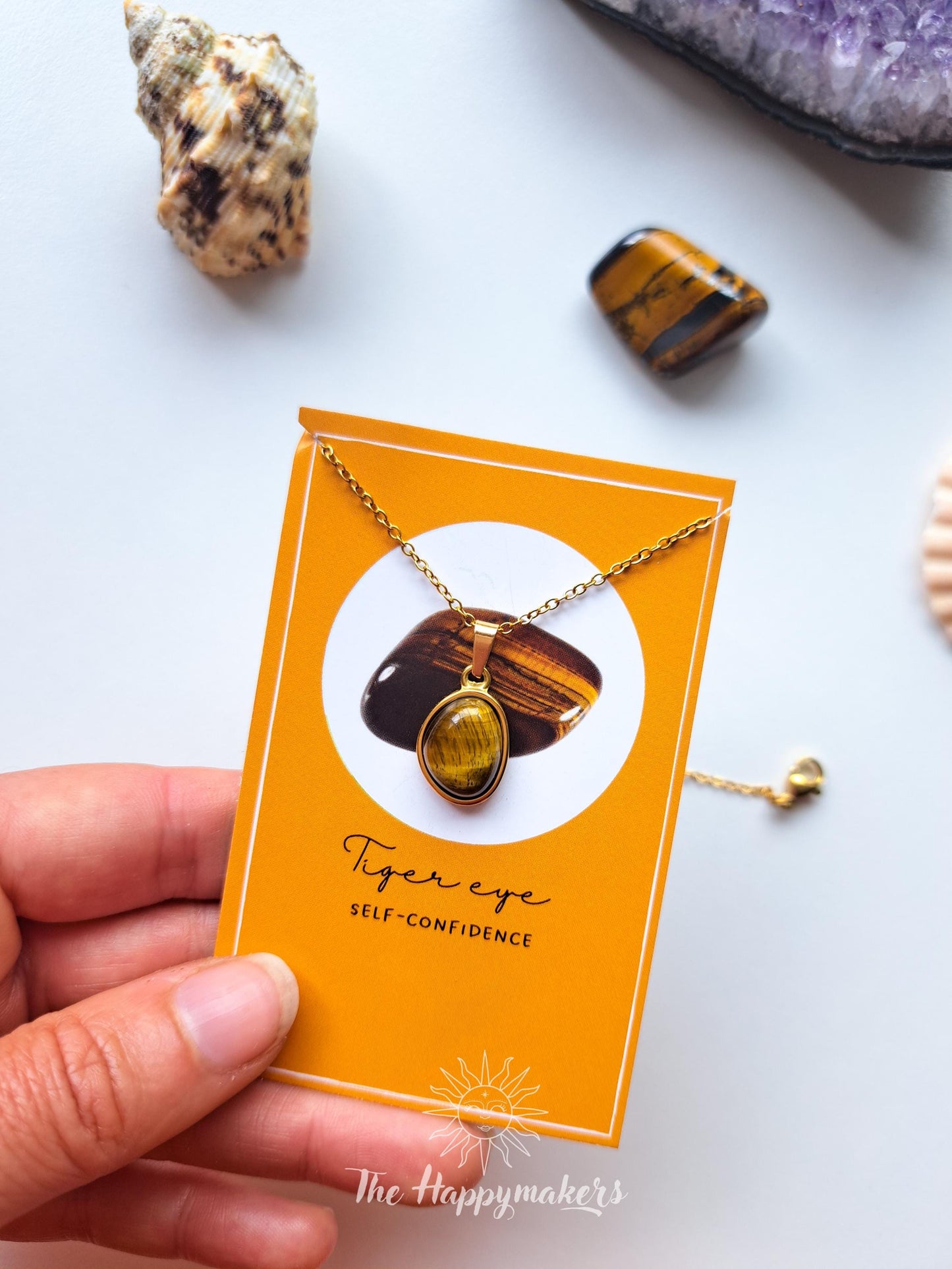 Edelsteen ketting bedel, waterproof, boho, stainless steel, handgemaakt, cadeau met betekenis, tijgeroog, zelfvertrouwen