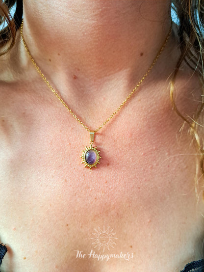 Edelsteen ketting bedel, waterproof, boho, stainless steel, handgemaakt, cadeau met betekenis, amethist, rust in je hoofd