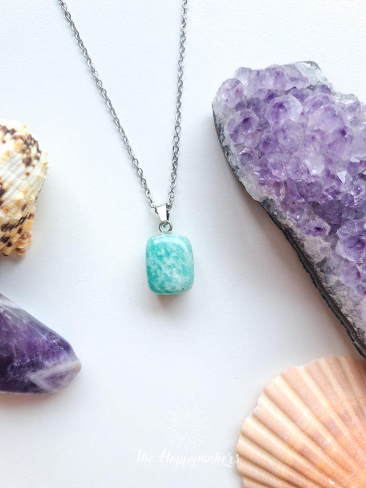 Edelsteen ketting met bedel, waterproof, boho, stainless steel, handgemaakt, cadeau met betekenis, amazoniet, voorspoed en succes