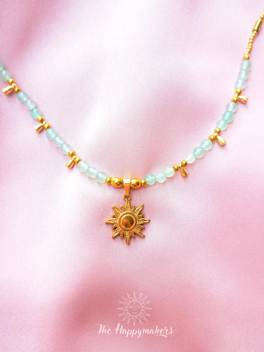 Kralen ketting boho met edelsteen, stainless steel, waterproof, handgemaakt, aventurijn, zon bedel