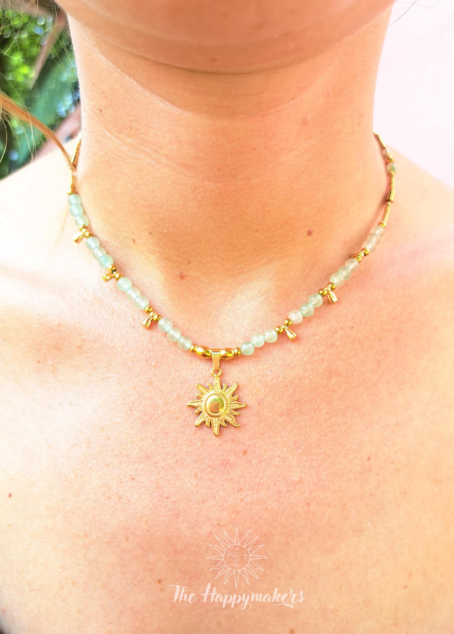 Kralen ketting boho met edelsteen, stainless steel, waterproof, handgemaakt, aventurijn, zon bedel