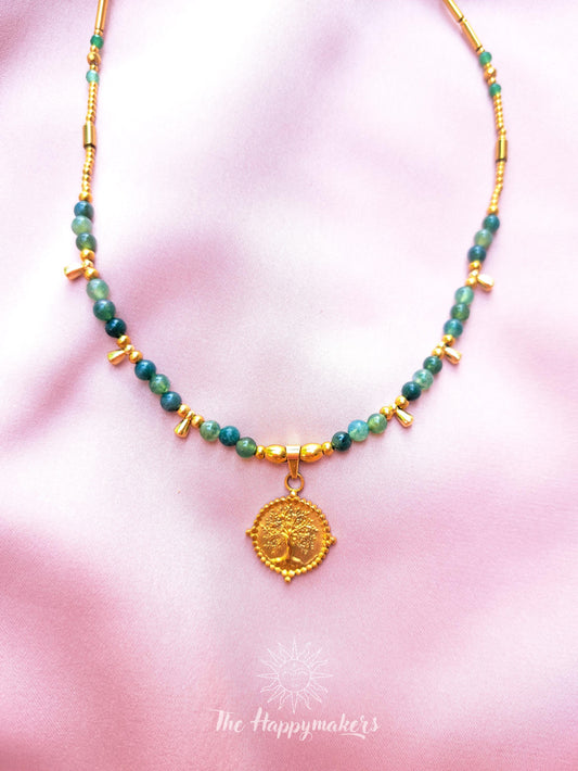 Kralen ketting boho met edelsteen, stainless steel, waterproof, handgemaakt, mosagaat, bedel, tree of life