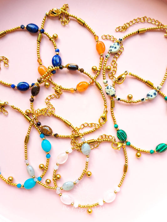 Armband edelsteen, verschillende soorten edelsteen, handgemaakt, boho, stainless steel, 100% waterproof, goudkleurig