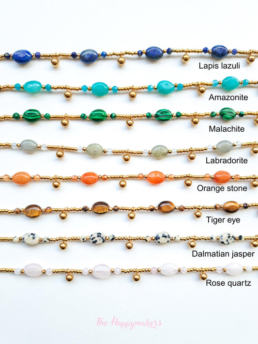 Ketting edelsteen, verschillende soorten edelsteen, handgemaakt, boho, stainless steel, 100% waterproof, goudkleurig