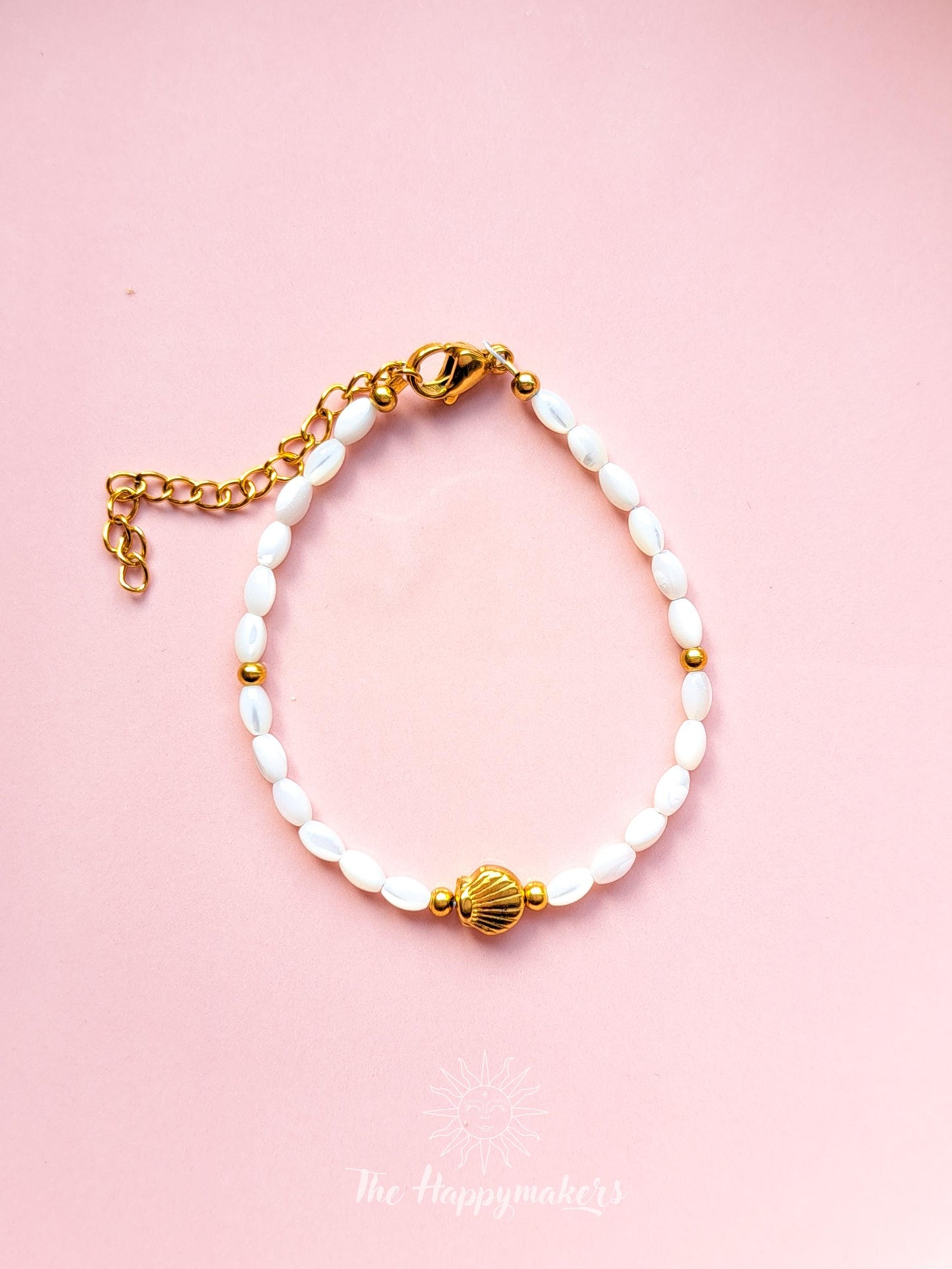 Kralen armband boho stainless steel, schelpkralen, handgemaakt, 100% waterproof, goudkleurig