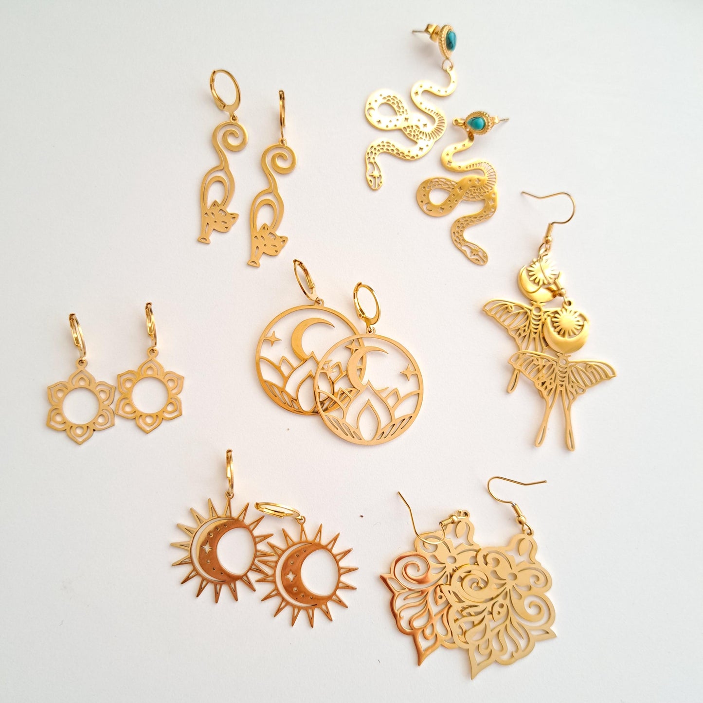 Oorbellen stainless steel, boho, bedeloorbellen, statement oorbellen, cats, goud of zilver