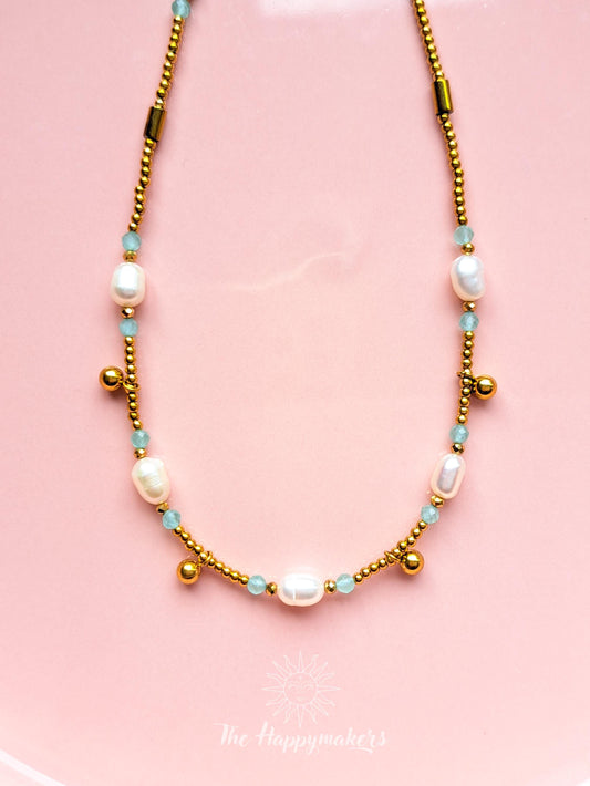 Kralen ketting beach, waterproof, boho, stainless steel, handgemaakt, schelpkralen, parels