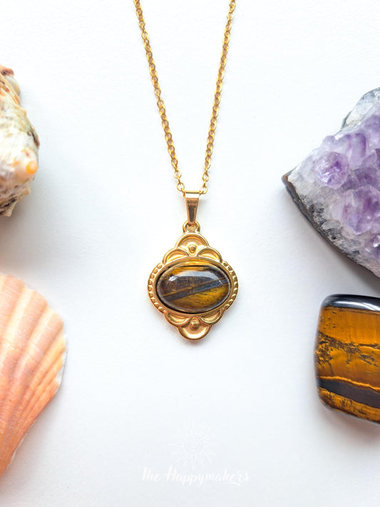 Edelsteen ketting bedel, waterproof, boho, stainless steel, handgemaakt, cadeau met betekenis, tijgeroog, zelfvertrouwen