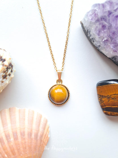 Edelsteen ketting bedel, waterproof, boho, stainless steel, handgemaakt, cadeau met betekenis, tijgeroog, zelfvertrouwen