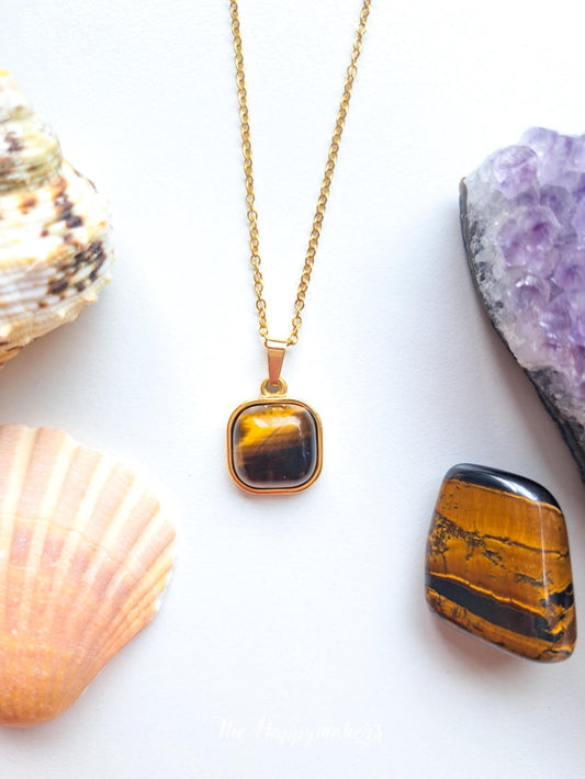 Edelsteen ketting bedel, waterproof, boho, stainless steel, handgemaakt, cadeau met betekenis, tijgeroog, zelfvertrouwen