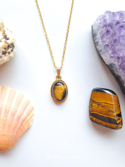 Edelsteen ketting bedel, waterproof, boho, stainless steel, handgemaakt, cadeau met betekenis, tijgeroog, zelfvertrouwen