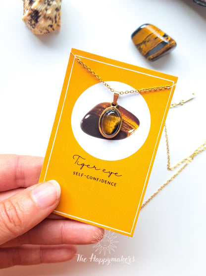 Edelsteen ketting bedel, waterproof, boho, stainless steel, handgemaakt, cadeau met betekenis, tijgeroog, zelfvertrouwen