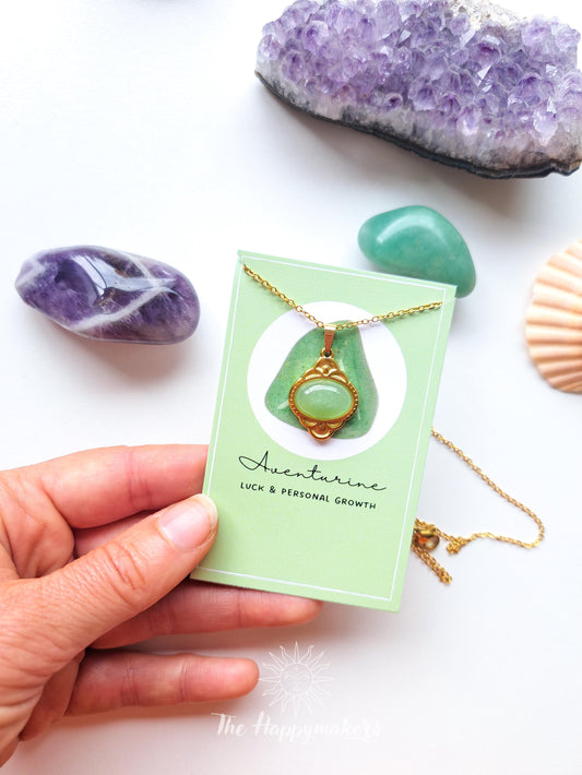 Edelsteen ketting bedel, waterproof, boho, stainless steel, handgemaakt, cadeau met betekenis, aventurijn, persoonlijke groei