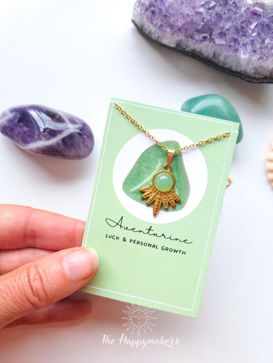 Edelsteen ketting bedel, waterproof, boho, stainless steel, handgemaakt, cadeau met betekenis, aventurijn, persoonlijke groei