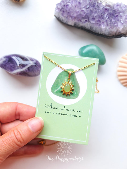 Edelsteen ketting bedel, waterproof, boho, stainless steel, handgemaakt, cadeau met betekenis, aventurijn, persoonlijke groei
