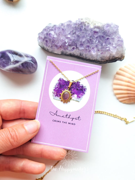 Edelsteen ketting bedel, waterproof, boho, stainless steel, handgemaakt, cadeau met betekenis, amethist, rust in je hoofd
