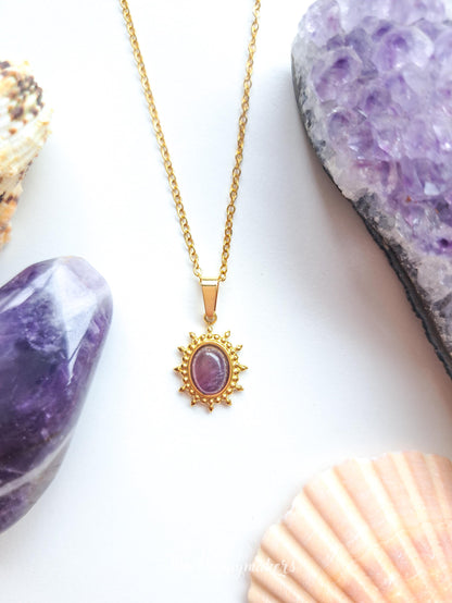 Edelsteen ketting bedel, waterproof, boho, stainless steel, handgemaakt, cadeau met betekenis, amethist, rust in je hoofd