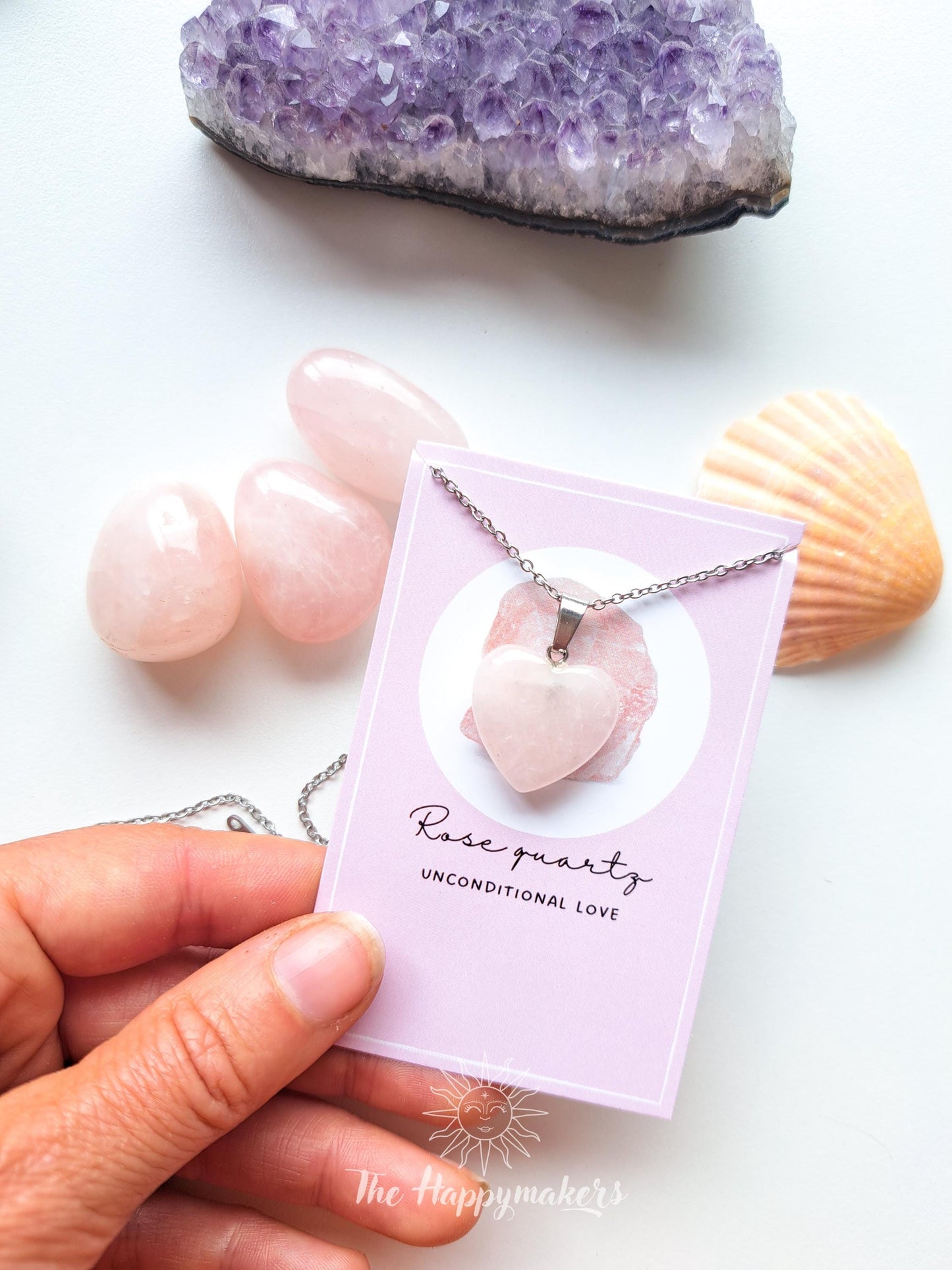 Edelsteen ketting met rozenkwarts hartje, waterproof, boho, stainless steel, handgemaakt, cadeau met betekenis, steen van de liefde