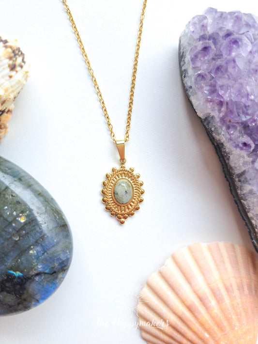 Edelsteen ketting met bedel, waterproof, boho, stainless steel, handgemaakt, cadeau met betekenis, labradoriet, bescherming