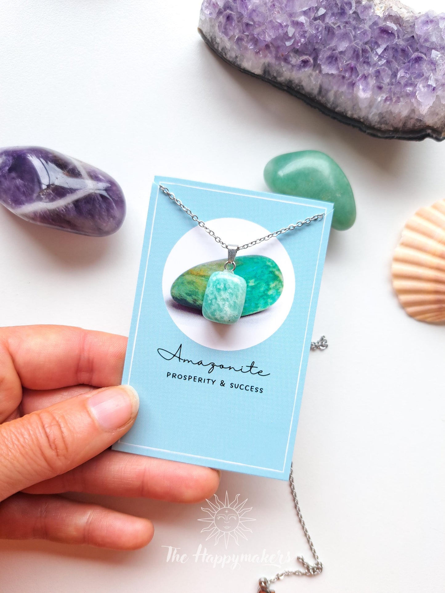 Edelsteen ketting met bedel, waterproof, boho, stainless steel, handgemaakt, cadeau met betekenis, amazoniet, voorspoed en succes