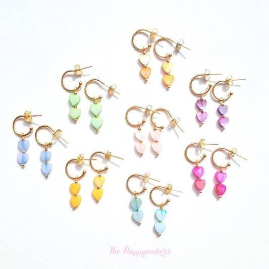 Oorbellen stainless steel, hartjes, 100% waterproof, schelpkralen, little hoops, bedeloorbellen, handgemaakt