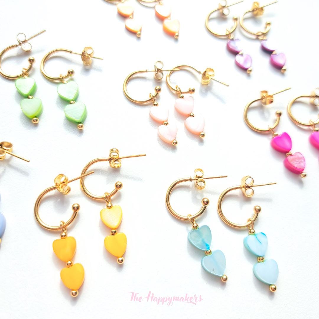 Oorbellen stainless steel, hartjes, 100% waterproof, schelpkralen, little hoops, bedeloorbellen, handgemaakt