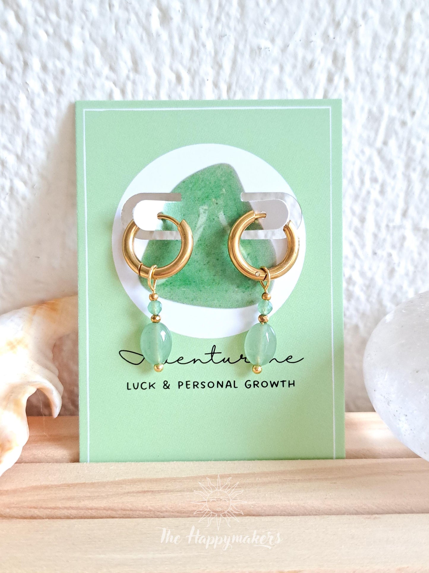 Edelsteen oorbellen, stainless steel, aventurijn, 100% waterproof, little hoops, bedeloorbellen, handgemaakt