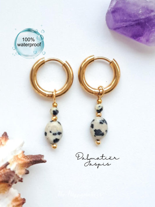 Edelsteen oorbellen, stainless steel, dalmatiër jaspis, 100% waterproof, little hoops, bedeloorbellen, handgemaakt