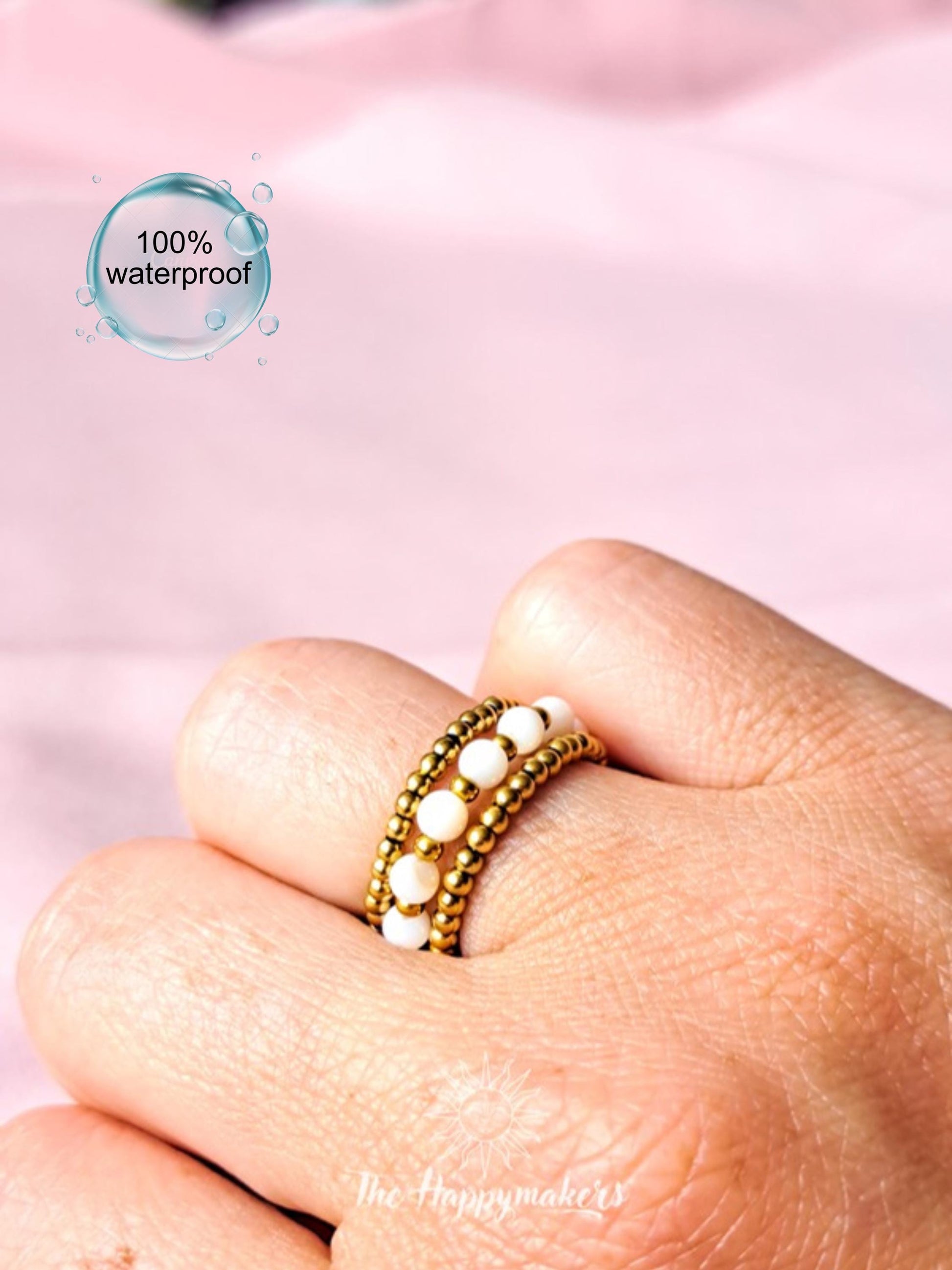 Kralen ring, 3 stuks, schelpkralen, 2mm stainless steel kralen, elastische ring, 100% waterproof, stapelbare ringen, onesize, boho, goud