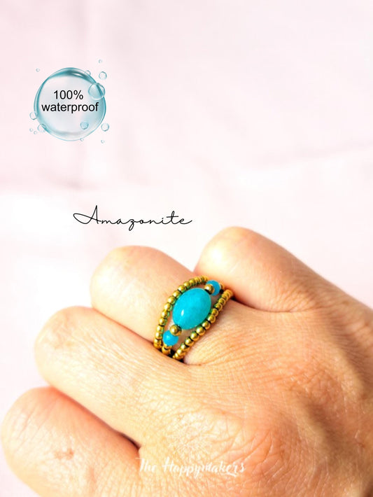 Edelsteen kralen ring, 3 stuks, amazoniet, 2mm stainless steel, elastische ring, 100% waterproof, stapelbare ringen, onesize, boho, goud