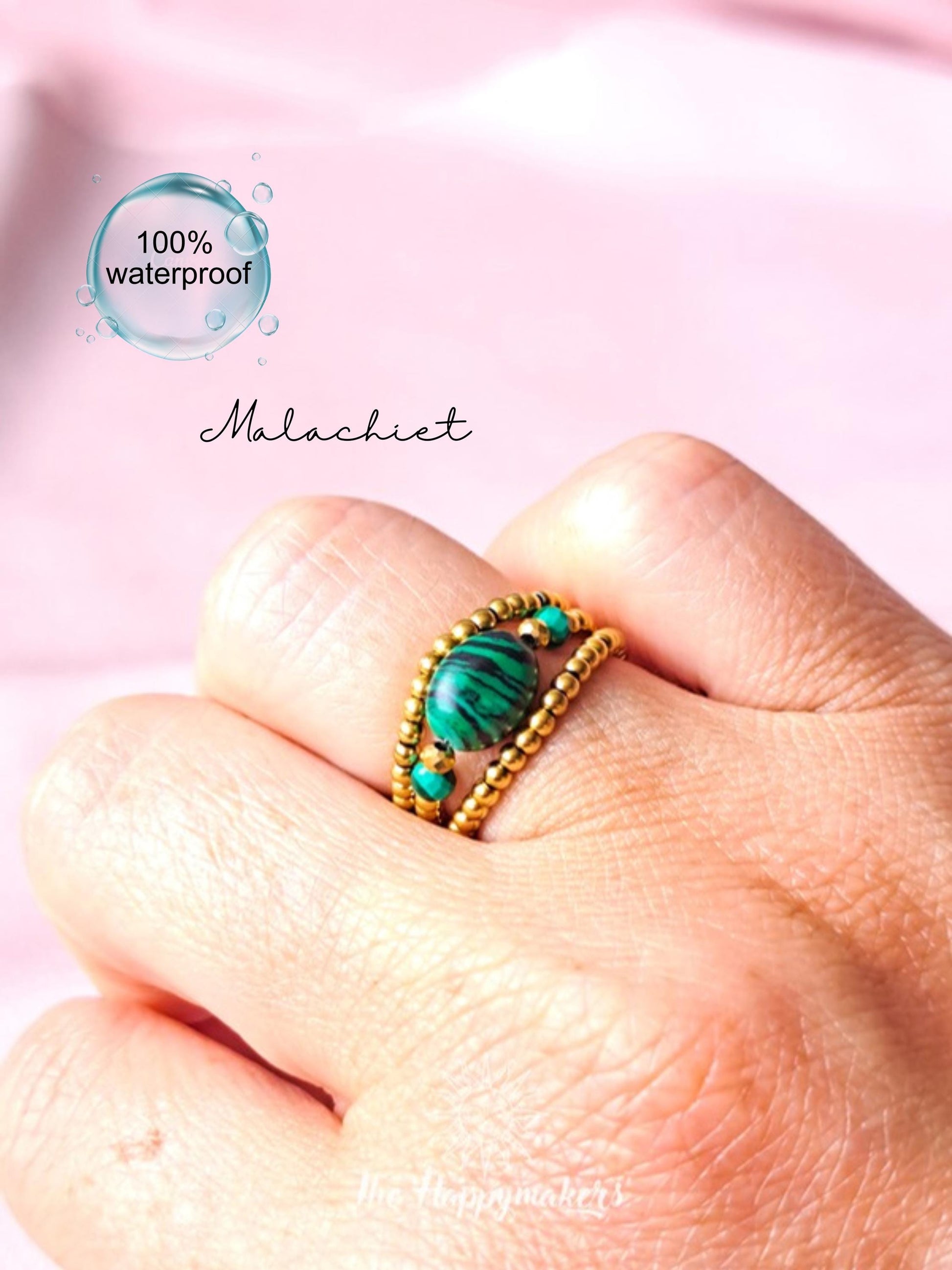 Edelsteen kralen ring, 3 stuks, malachiet, 2mm stainless steel, elastische ring, 100% waterproof, stapelbare ringen, onesize, boho, goud